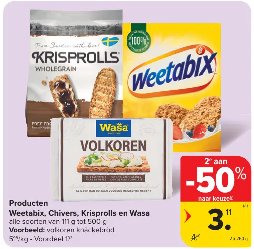 Promotie: Producten Weetabix, Chivers, Krisprolls en Wasa