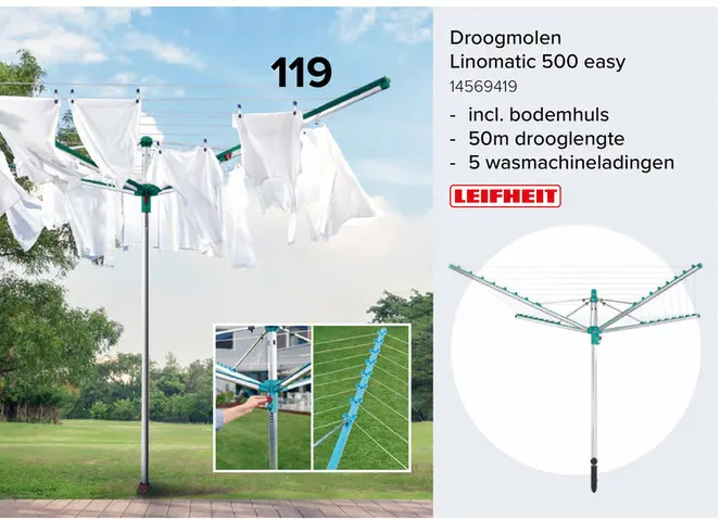 Promotie: Leifheit Droogmolen Linomatic 500 Easy - Incl. Bodemhuls - 50m Drooglengte - 5 Wasmachineladingen