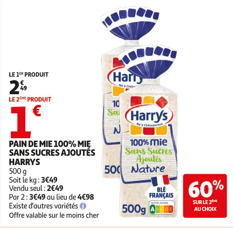 Offre: Pain de mie 100% mie sans sucres ajoutés