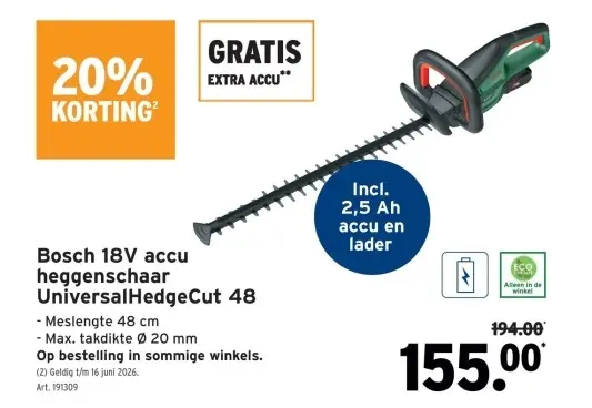 Promotie: Bosch 18V accu heggenschaar UniversalHedgeCut