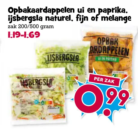Aanbieding: Opbakaardappelen ui en paprika, ijsbergsla naturel, fijn of melange