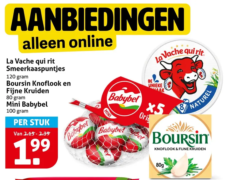 Aanbieding: La Vache qui rit Smeerkaaspuntjes, Boursin Knoflook en Fijne Kruiden en Mini Babybel