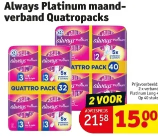 Aanbieding: Always Platinum maand-verband Quatropacks