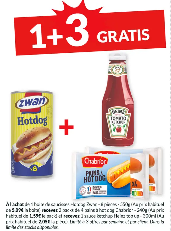 Offre: Hotdog Zwan, Pains à Hot Dog Chabrior et Ketchup Heinz