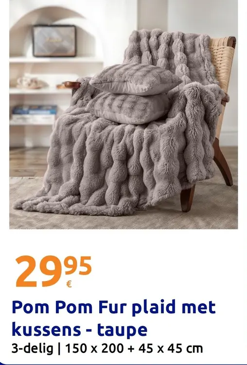 Aanbieding: Pom Pom Fur plaid met kussens - taupe
