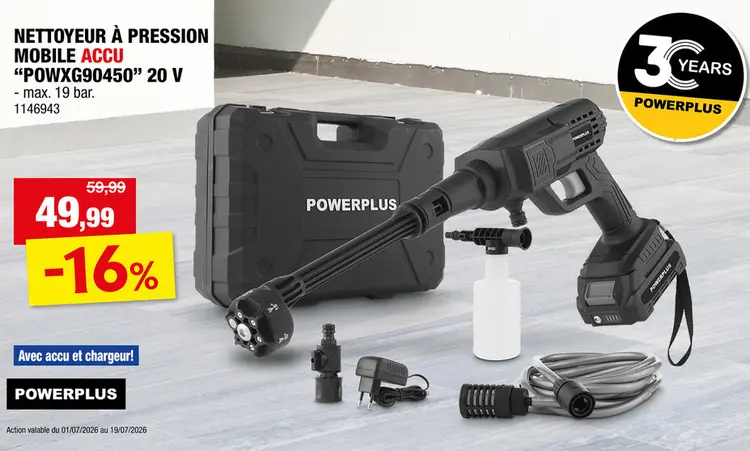 Offre: Powerplus POWXG90450 nettoyeur haute pression sans fil 20V Li-Ion + chargeur