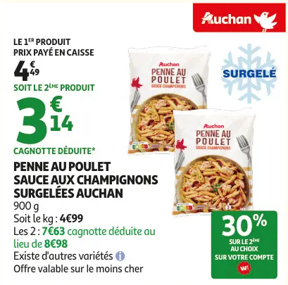 Promotie: Penne au poulet sauce aux champignons surgelé
