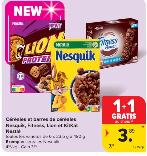Offre: Céréales et barres de céréales Nesquik, Fitness, Lion et KitKat Nestlé