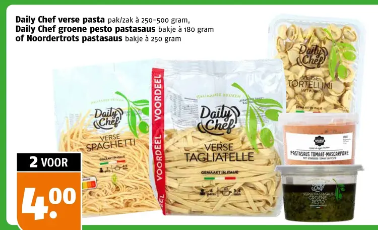 Aanbieding: Verse pasta, groene pesto pastasaus of Noordertrots pastasaus