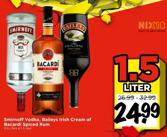 Aanbieding: Vodka, Baileys Irish Cream of Bacardi Spiced Rum