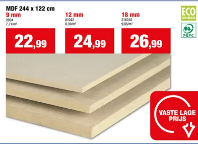 Promotie: MDF plaat 244x122 cm 9mm