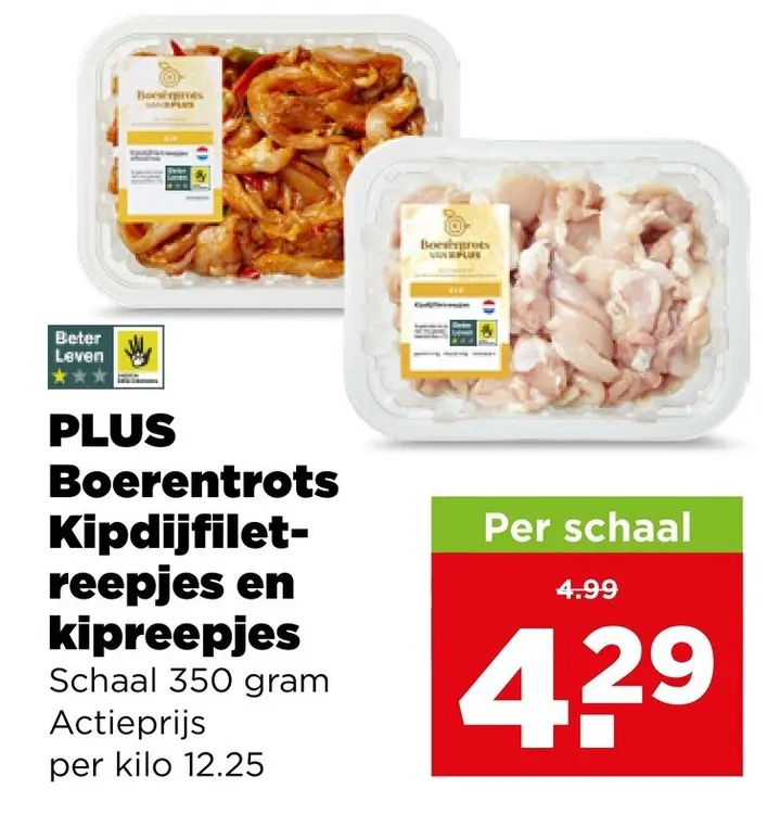 Aanbieding: PLUS Boerentrots Kipdijfiletreepjes en kipreepjes
