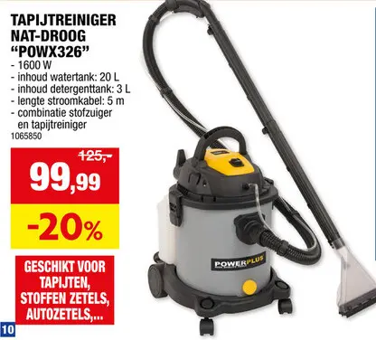 Promotie: Powerplus POWX326 stofzuiger/tapijtreiniger met zak nat/droog 1600W 20l