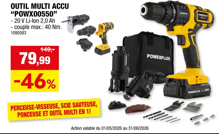 Offre: Powerplus POWX00550 outil multitêtes 5-en-1 20V Li-Ion + chargeur + 25 accessoires