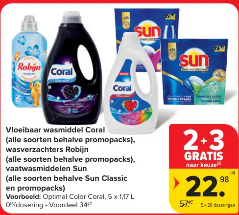 Aanbieding: Vloeibaar wasmiddel Coral, wasverzachters Robijn