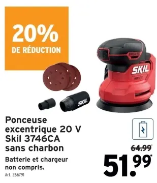 Offre: Ponceuse excentrique 20 V Skil 3746CA sans charbon