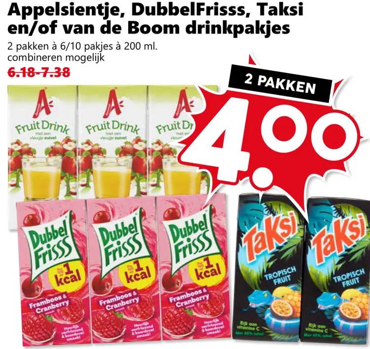 Aanbieding: Appelsientje, DubbelFrisss, Taksi en/of van drinkpakjes