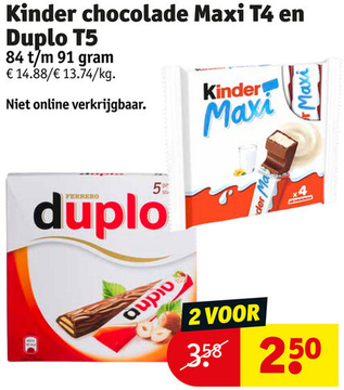 Aanbieding: Kinder chocolade maxi T4 en Duplo T5