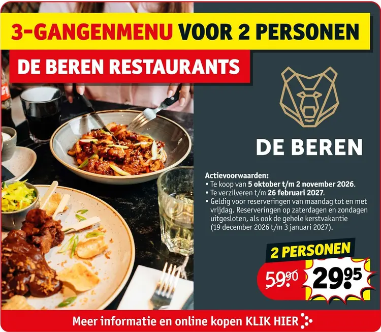 Aanbieding: 3-gangenmenu voor 2 personen De Beren Restaurant