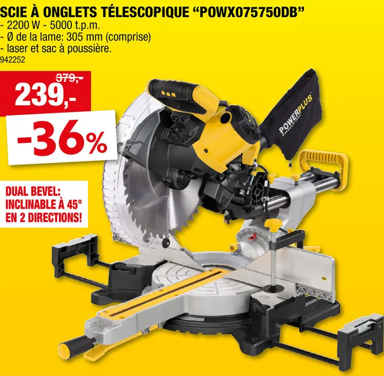 Offre: Powerplus POWX075750DB scie à onglet double télescopique 2200W 305mm
