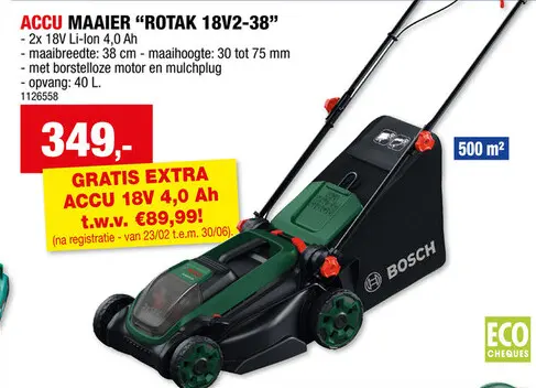 Promotie: Bosch Rotak 18V2-38 accu grasmaaier 2x18 V Li-Ion 38cm + 2 accu's en 1 lader