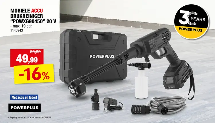 Promotie: Powerplus POWXG90450 accu hogedrukreiniger 20V Li-Ion + lader