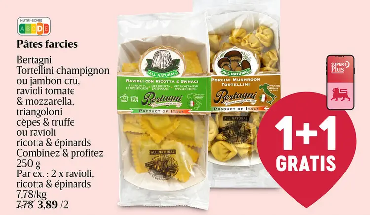 Offre: Pâtes farcies Bertagni Tortellini champignon