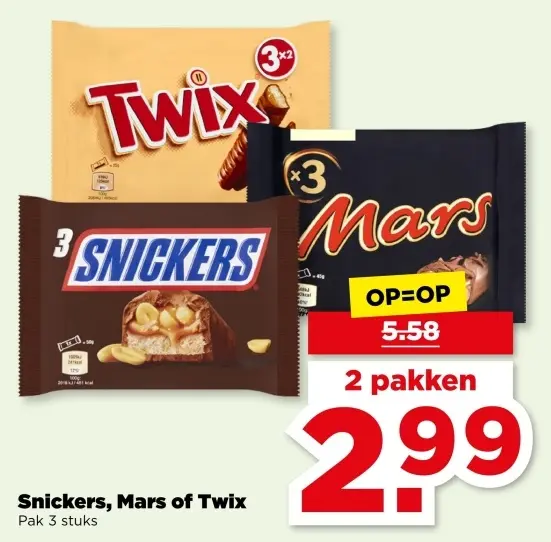 Aanbieding: Snickers, Mars of Twix