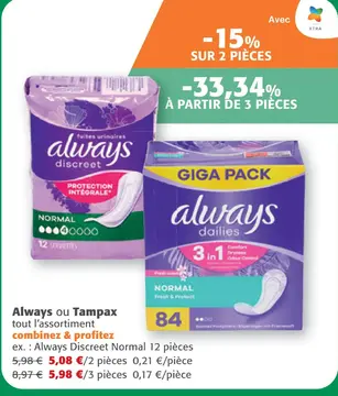 Offre: Always ou Tampax tout l'assortiment