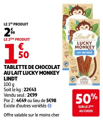 Promotie: Tablette de chocolat au lait lucky monkey