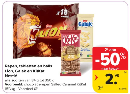 Promotie: Repen, tabletten en balls Lion, Galak en KitKat