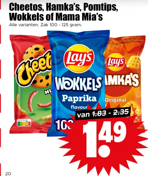 Aanbieding: Cheetos, Hamka's, Pomtips, Wokkels of Mama Mia's