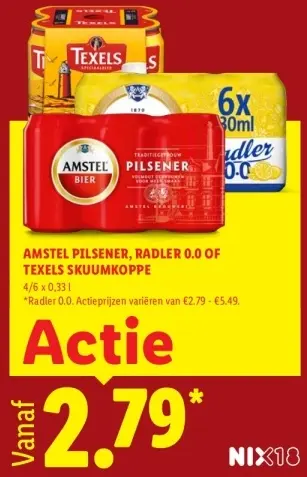 Aanbieding: Amstel pilsener, radler 0.0 of Texels skuumkoppe