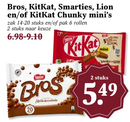 Aanbieding: Bros, KitKat, Smarties, Lion en/of KitKat Chunky mini's