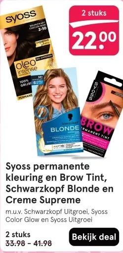 Aanbieding: permanente kleuring en Brow Tint, Schwarzkopf blonde en creme supreme