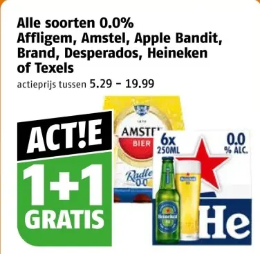 Aanbieding: Alle soorten 0.0% Affligem, Amstel, Apple Bandit, Brand, Desperados, Heineken of Texels
