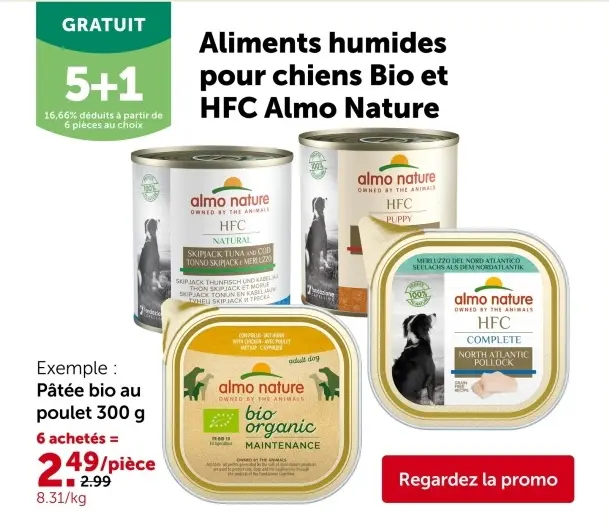 Offre: Aliments humides pour chiens Bio et HFC Almo 