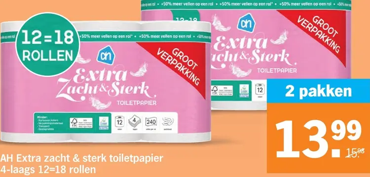 Aanbieding: Extra zacht & sterk toiletpapier 4-laags 12=18 rollen