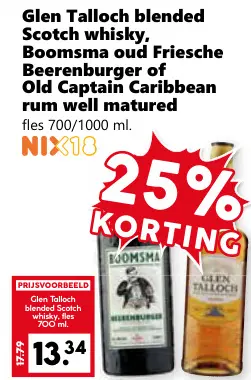 Aanbieding: Glen Talloch blended Scotch whisky, Boomsma oud Friesche Beerenburger of Old Captain Caribbean rum well matured