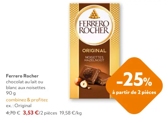 Offre: Chocolat au lait ou blanc aux noisettes