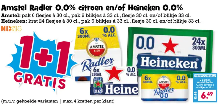 Aanbieding: Amstel Radler 0.0% citroen en/of Heineken 0.0