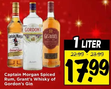 Aanbieding: Captain Morgan Spiced Rum, Grant's Whisky of Gordon's gin