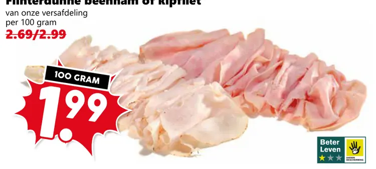 Aanbieding: Flinterdunne beenham of kipfilet
