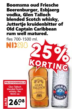 Aanbieding: Beerenburger, Esbjaerg vodka, Glen Talloch blended Scotch whisky, Juttertje kruidenbitter of Old Captain Caribbean rum well matured
