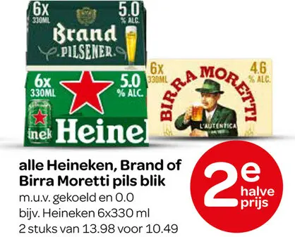 Aanbieding: Heineken, Brand or Birra Moretti pils blik