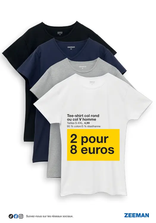 Offre: Tee-shirt col rond ou col V homme