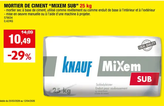 Offre: Mortier de ciment "Mixem sub"