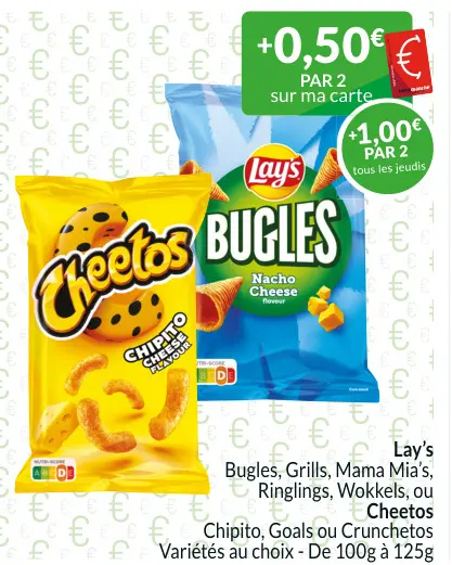 Offre: Bugles, Grills, Mama Mia's, Ringlings, Wokkels ou Cheetos