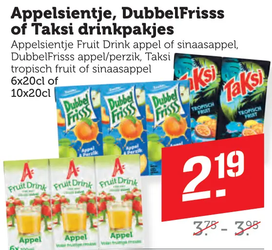 Aanbieding: Appelsientje, DubbelFrisss of Taksi drinkpakj