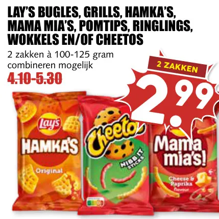 Aanbieding: Bugles, grills, hamka's, mama mia's, pomtips,